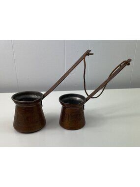 Two Vintage Copper Turkish Coffee Pots With Ornate Handles & Etched Design